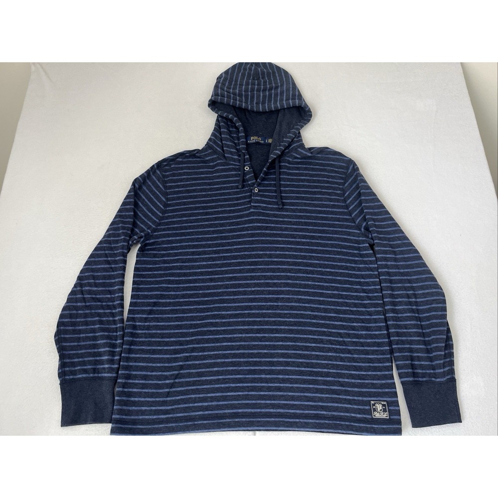 Polo Ralph Lauren Hoodie Mens Large Navy Stripe Henley Pullover